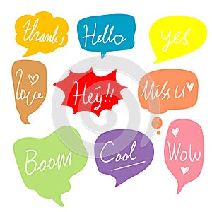 Set of Colorful hand drawn doodle speech bubbles with dialog words,Vector isolated