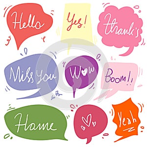 Set of Colorful hand drawn doodle speech bubbles with dialog words,Vector isolated