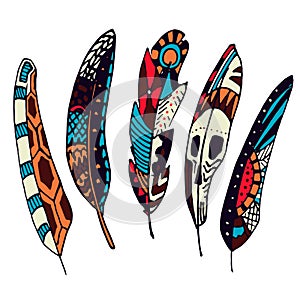 Set of colorful hand drawn Ethnic feathers. Ornate doodle quills. photo