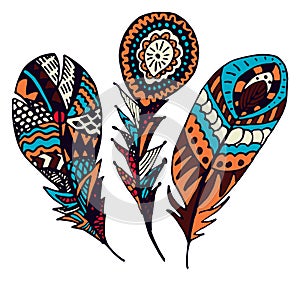 Set of colorful hand drawn Ethnic feathers. Ornate doodle quills.