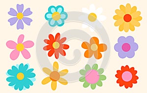 Set of colorful hand drawn flowers in retro style. 70s groovy floral elements set. Vector illustration