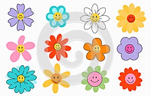 Set of colorful hand drawn smiling flowers in groovy style. 70s retro elements set. Vector illustration