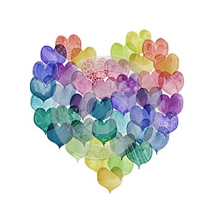 Set of colorful hand painted aqua color hearts