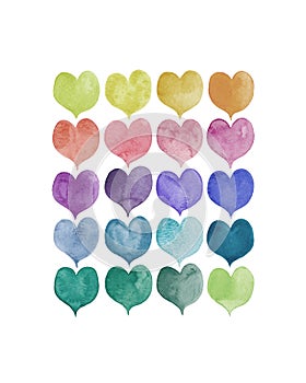 Set of colorful hand painted aqua color hearts