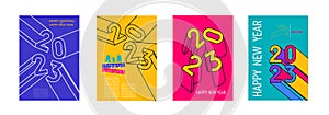 Set of colorful Happy New Year 2023 posters. Design typography logo 2023 for Christmas celebration and season decoration, branding