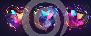 a set of colorful heart shaped soap bubbles on a dark background