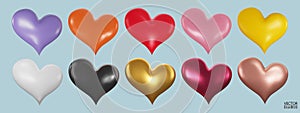 Set of colorful hearts 3D vector collection isolated on background. Symbol of Love and Valentine\'s Day. Metal Heart shape