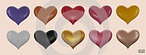 Set of colorful hearts 3D vector collection isolated on beige background.