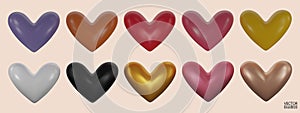 Set of colorful hearts 3D vector collection isolated on beige background.