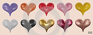 Set of colorful hearts 3D vector collection isolated on beige background.