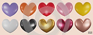 Set of colorful hearts 3D vector collection isolated on beige background.