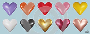 Set of colorful hearts 3D vector collection isolated on beige background.