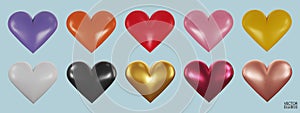 Set of colorful hearts 3D vector collection isolated on beige background. Symbol of Love and Valentine\'s Day.