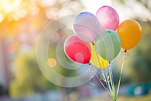 Set of colorful helium balloons floating in blurred background photo