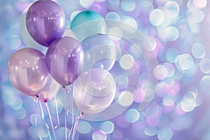 Set of colorful helium balloons floating on blurred colorful background