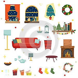 Set of colorful holiday interior design in house rooms with furniture icons