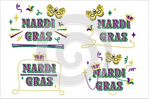 Set of Colorful Holiday template of Mardi Gras carnival. Traditional elements with mask, beads, confetti for party, invitation,