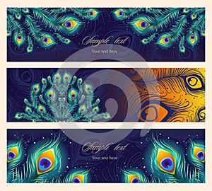 Set colorful horizontal banners with peacock feather.