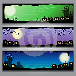 A set of colorful horizontal Halloween headers with black frames and gradient background