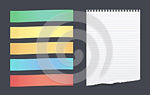 Set of colorful horizontal sticky notes with torn lined paper sheet for text stuck on black background