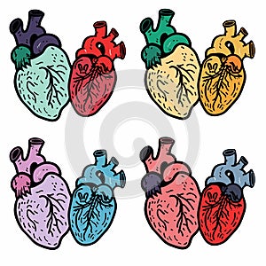 Set colorful human hearts various hues, handdrawn medical illustration. Artistic anatomical hearts