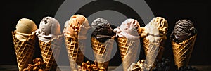 Set of colorful ice cream in cones on a dark background, long banner