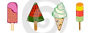 Set of colorful ice cream icon illustrations. Idea for damask, paper, templates, summer holidays, food sweet themes. Isolated