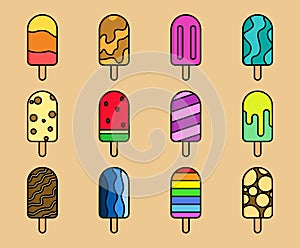 set of colorful ice cream of Popsicle stick icon, flat design