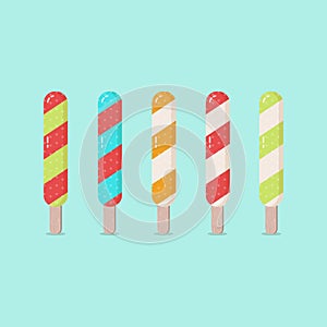 Set of colorful ice-creams on wooden stick. Flat design.