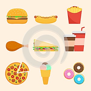 Set of colorful icons of fast food