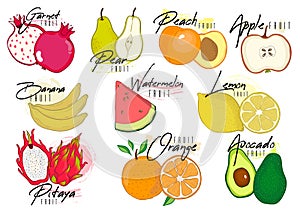 Set of colorful cartoon vitamin fruit icons: garnet, pear,peach,apple,banana, lemon, watermelon, pitaya, avocado, orange, l