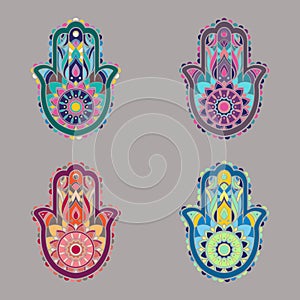 Set of colorful isolated lineless hamsa hands illustrations