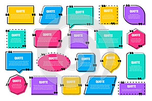 Set of colorful isolated quote frames. Speech bubbles with quotation marks. Blank text box and quotes. Blog post