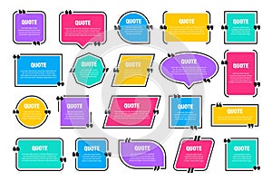 Set of colorful isolated quote frames. Speech bubbles with quotation marks. Blank text box and quotes. Blog post