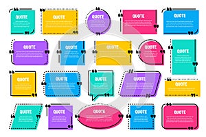 Set of colorful isolated quote frames. Speech bubbles with quotation marks. Blank text box and quotes. Blog post