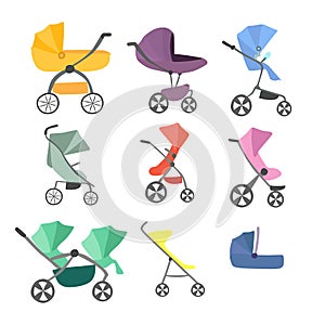 Set of colorful isolated variety of baby or child carriage, infant wagon, perambulator.