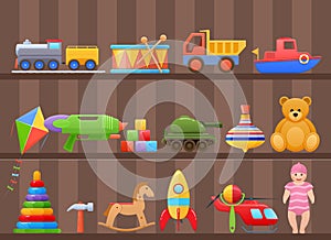 Set colorful kids, children`s toys cartoon, on shelf of cabinet.