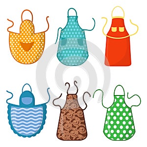 Set of colorful kitchen aprons with patterns icons isolated on white background. Protective garment. Cooking dress for