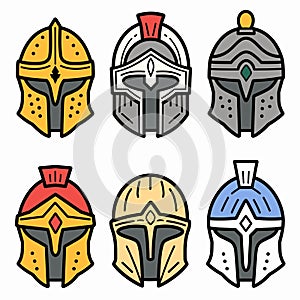 Set colorful knight helmets vector illustration isolated white background. Medieval armor headgear