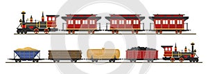 Set of colorful locomotives in cartoon style. Vector illustration of rail transportation of passengers, coal, fuel, wood