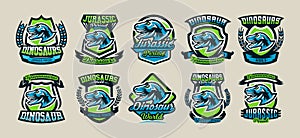 Set of colorful logos, emblems, labels the world of the dinosaurs of the Jurassic period of the Mesozoic era is isolated
