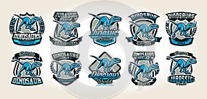 Set of colorful logos, emblems, labels the world of the dinosaurs of the Jurassic period of the Mesozoic era is isolated