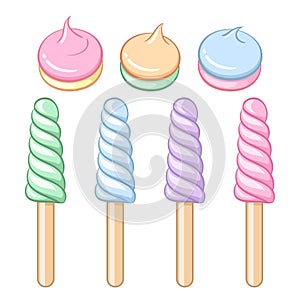 Set of colorful lollipops and meringues. Vector illustration.