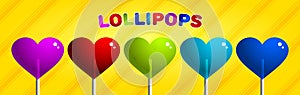 Set of colorful lollipops in the shape of a heart on a yellow background. Vector