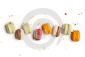 Set of colorful macaroons on white background