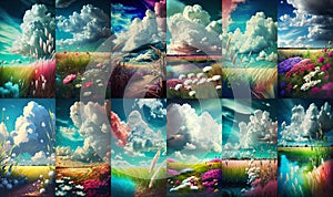 Set of colorful meadows with beautiful flowers and white clouds. Vertical backgrounds for mobile phones