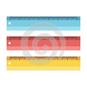 Set of colorful measuring scale tools rulers  school instruments isolated on white background. Vector flat illustration.