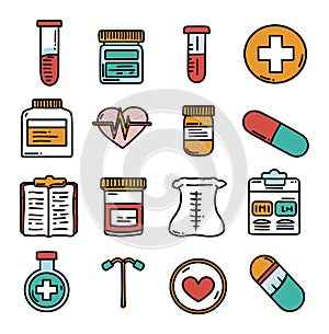 Set of colorful medical icons including test tubes, medication jars, pulse, first aid. Healthcare, medical treatment