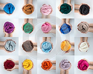 Set of colorful merino wool balls in hands, collage