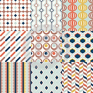 Set of colorful mid century geometric seamless patterns for interior design.